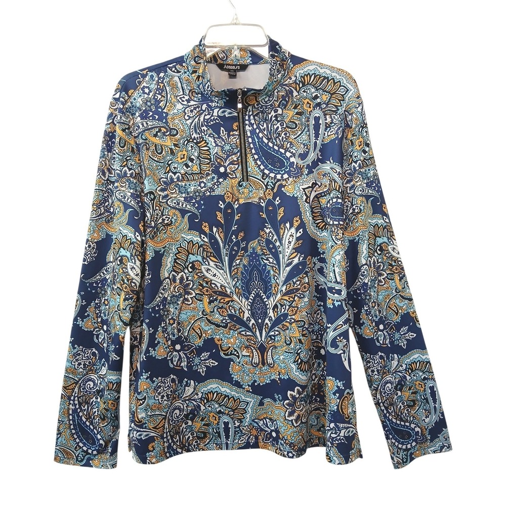 Acegolfs XXL Blue Paisley Quarter Zip Long Sleeve Golf Performance Top SPF 50+